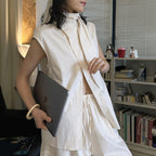Sleeveless tie neck top women cotton linen loose summer blouse