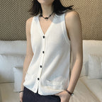 Sleeveless V-Neck Knit Button Vest Top
