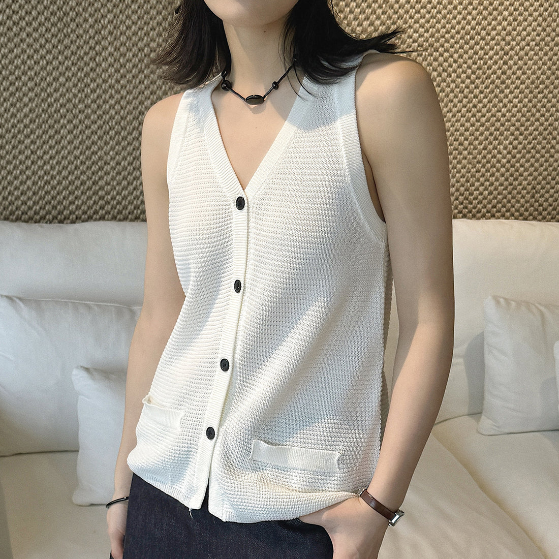 Sleeveless V-Neck Knit Button Vest Top