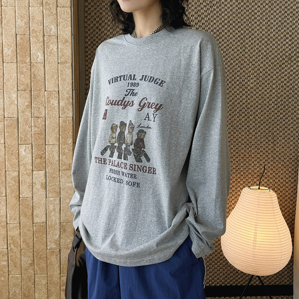 Retro teddy bear letter printed loose long sleeved T-shirt