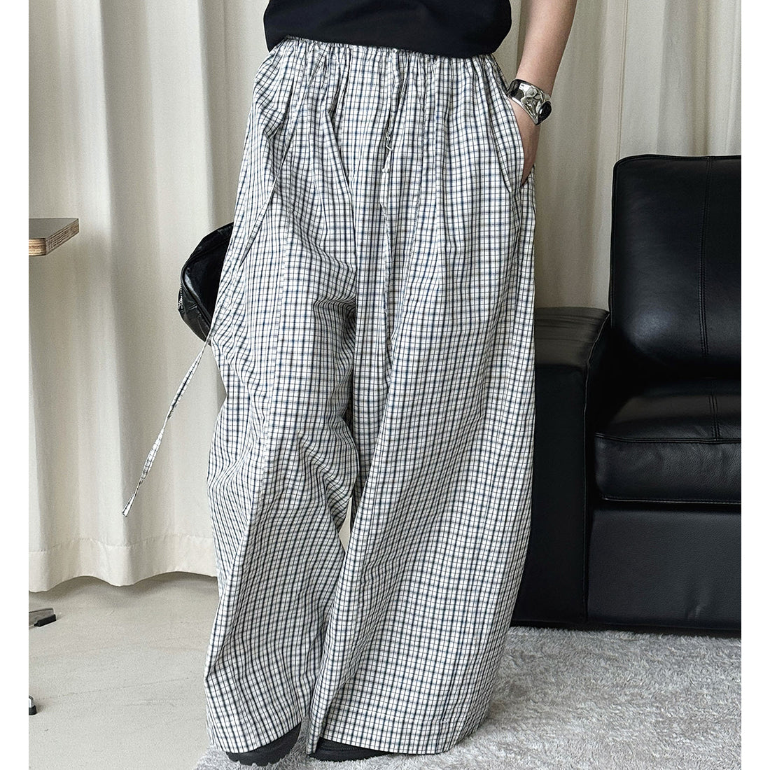 Color blocking plaid splicing casual elastic drawstring pants