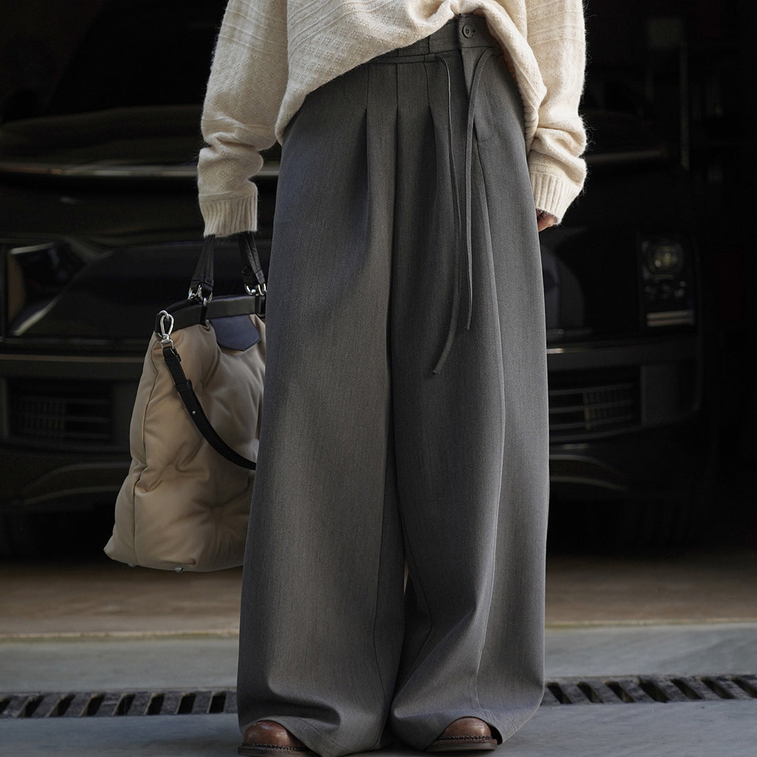 Retro pleated side placket wide leg pants