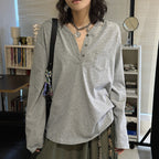 Loose fit v neck long sleeve button shirt top