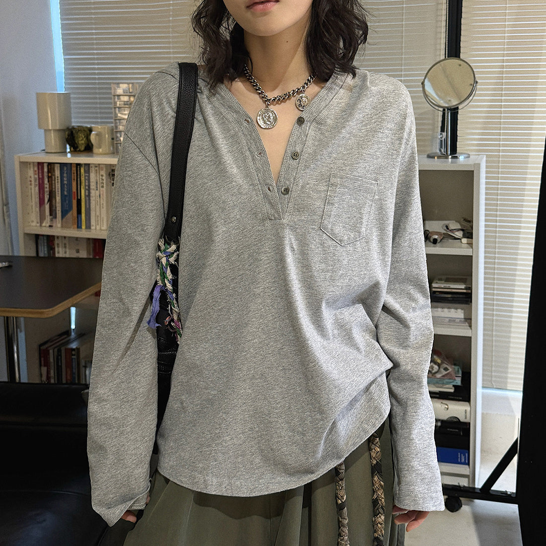Loose fit v neck long sleeve button shirt top