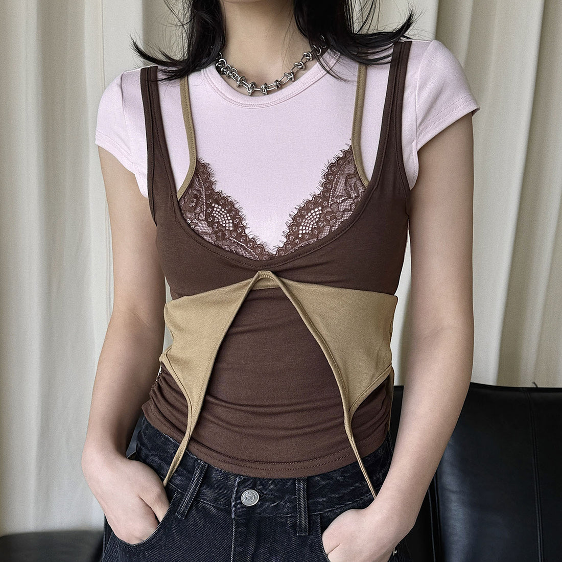 Retro INS style lace fake two-piece stacked T-shirt top