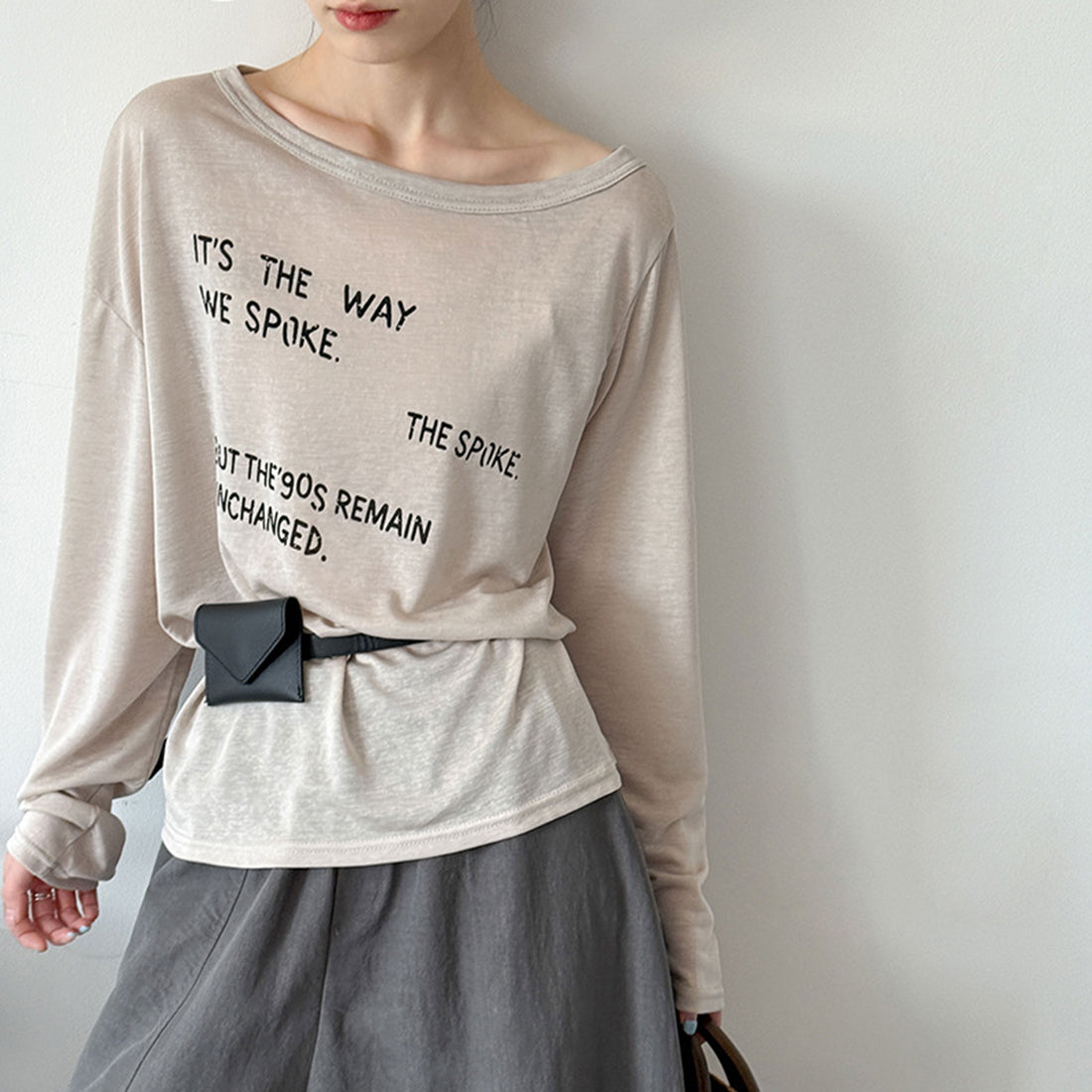Women’s Off-Shoulder Letter Print Sheer Long-Sleeve Top