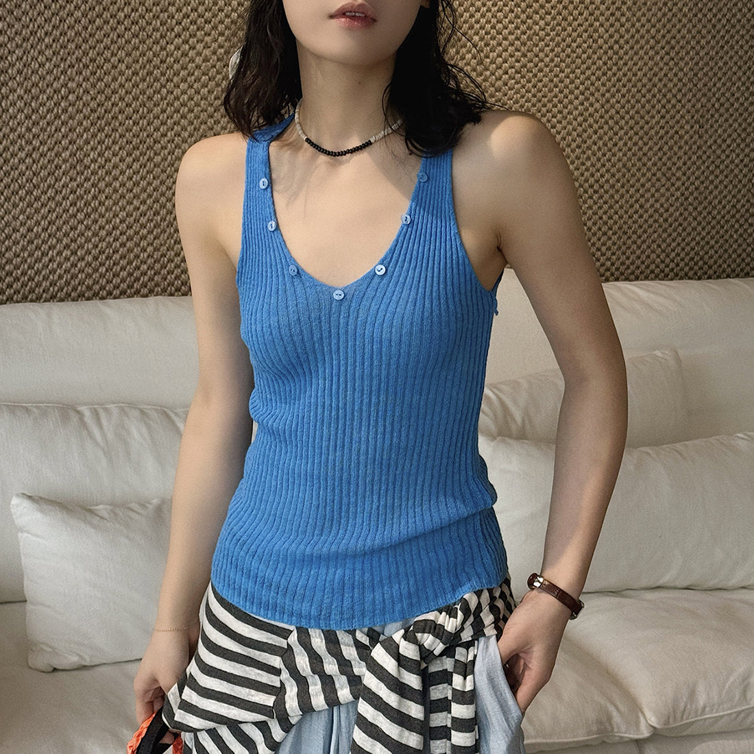 V-Neck Ribbed Knit Tank Top with Button Detail