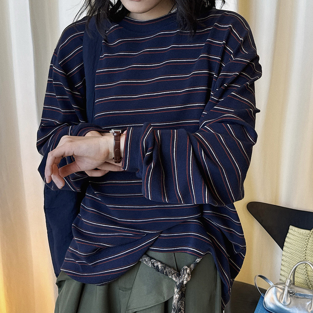 Retro minimalist round neck striped contrasting T-shirt top