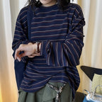 Retro minimalist round neck striped contrasting T-shirt top