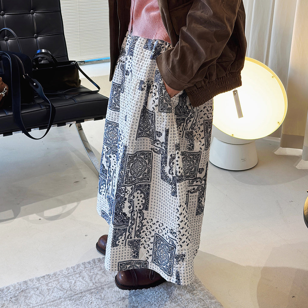 Retro Cashew Flower Splicing Elastic Waist Loose Skirt