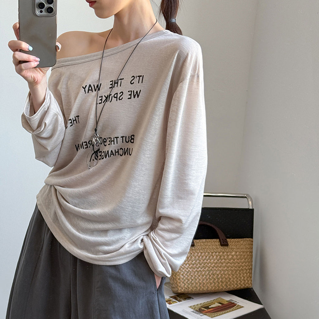 Women’s Off-Shoulder Letter Print Sheer Long-Sleeve Top