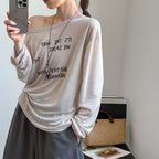 Women’s Off-Shoulder Letter Print Sheer Long-Sleeve Top