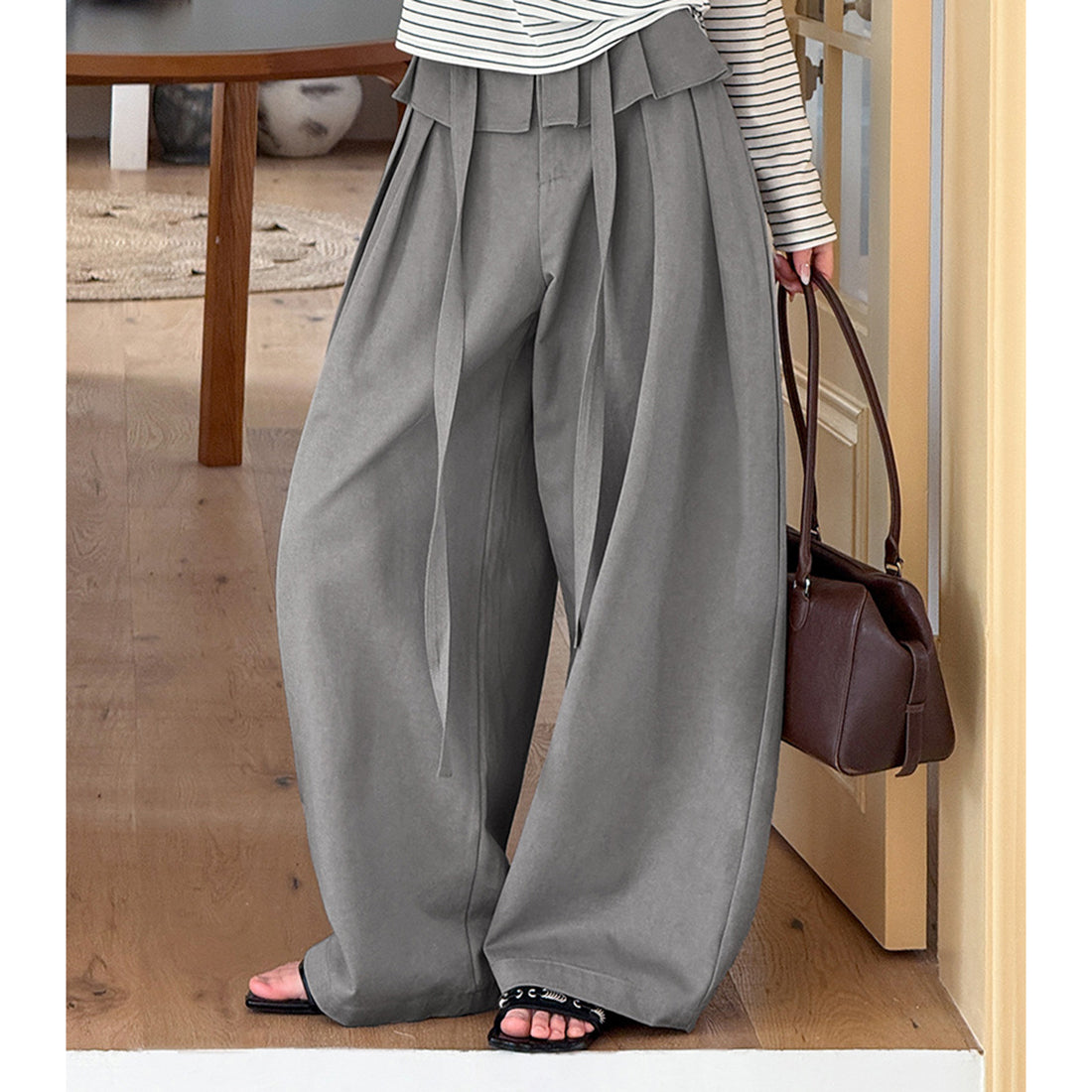 High waist pleated wide leg pants women loose drape trousers with tie waist