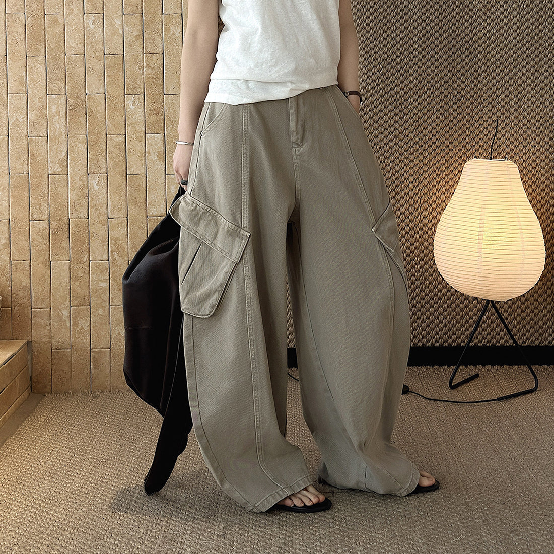 American style spliced large pocket loose wide leg jeans
