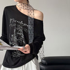 Women’s Off-Shoulder Printed Long-Sleeve Top with Polka Dot Scarf