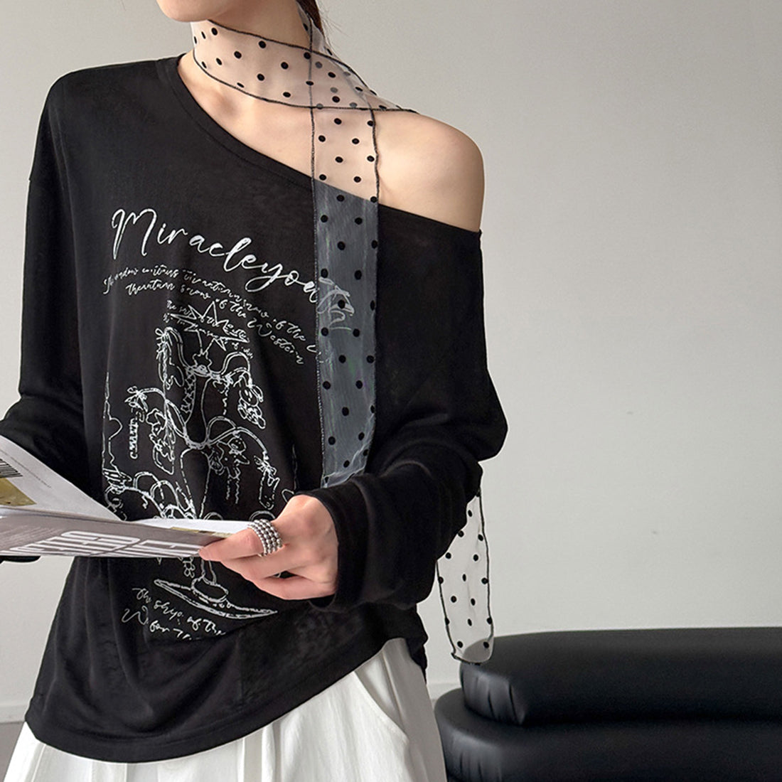 Women’s Off-Shoulder Printed Long-Sleeve Top with Polka Dot Scarf