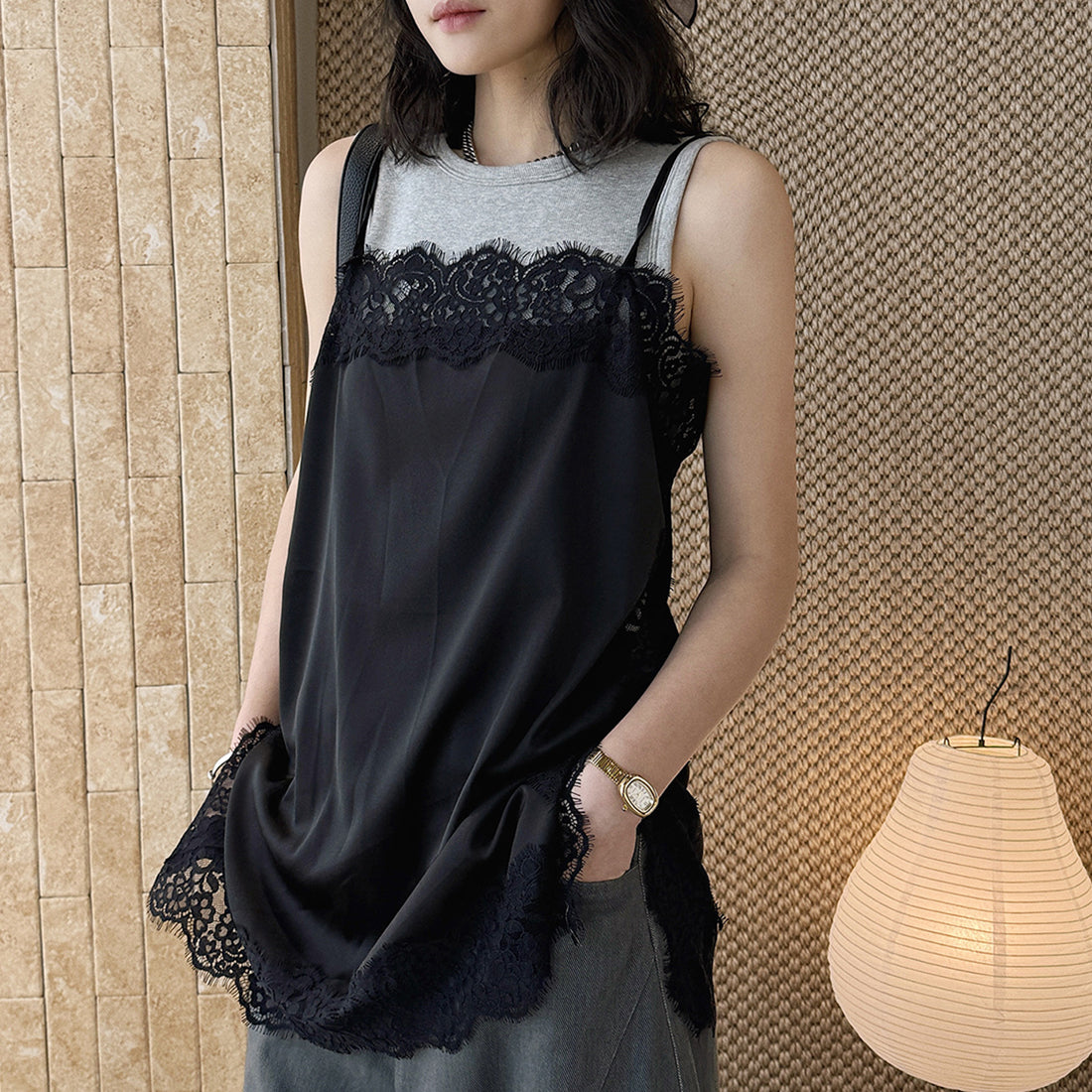 Lace trim cami top with silky stretch fabric for layering or solo wear