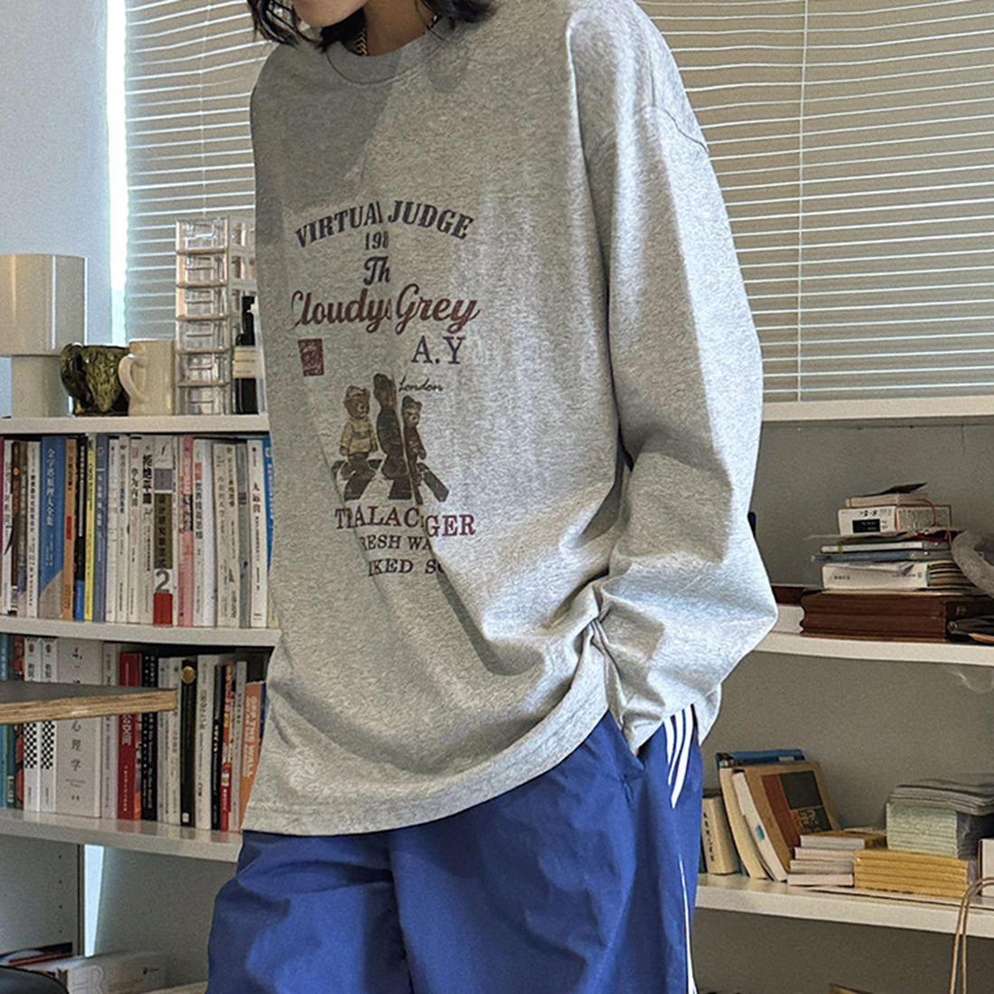 Retro teddy bear letter printed loose long sleeved T-shirt
