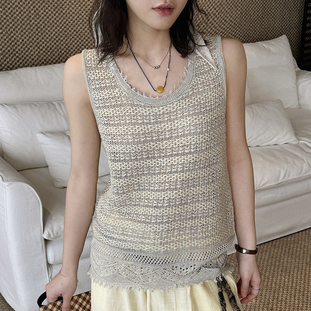 Women’s Sleeveless Openwork Knit Tank Top with Textured Hem
