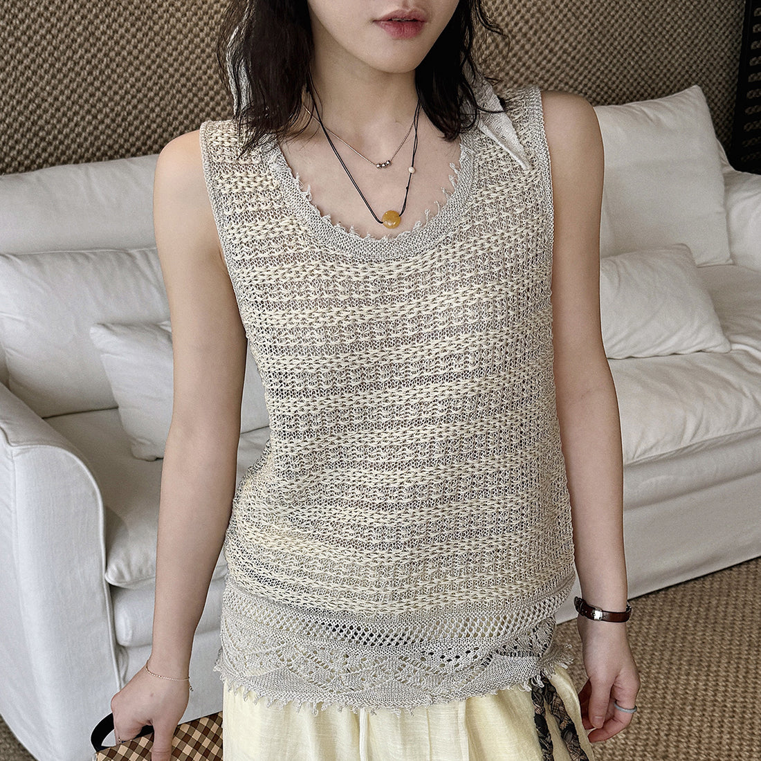 Women’s Sleeveless Openwork Knit Tank Top with Textured Hem
