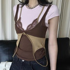 Retro INS style lace fake two-piece stacked T-shirt top