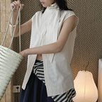 Sleeveless tie neck top women cotton linen loose summer blouse