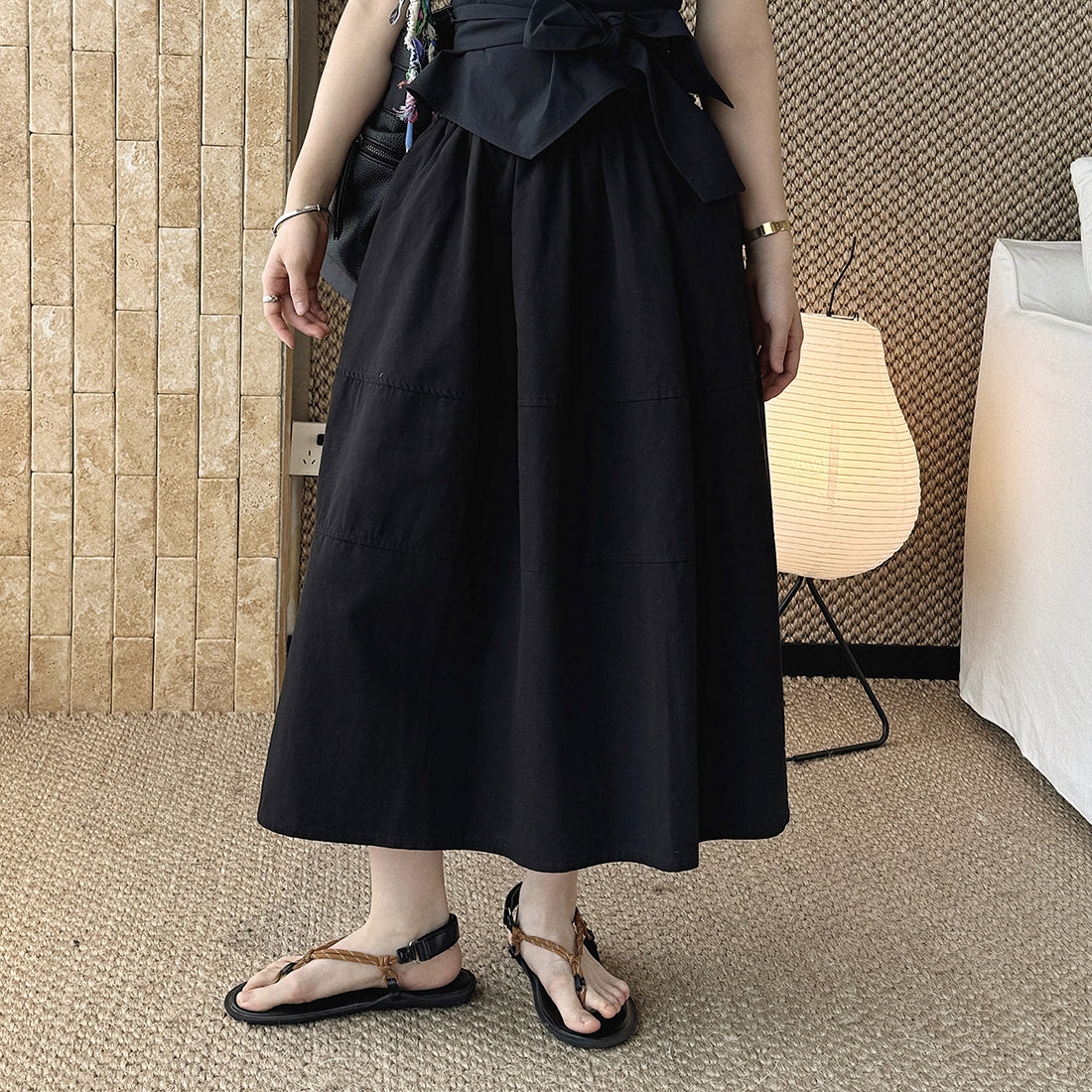 long skirt high waist elastic waist cotton a line midi skirt loose casual solid color skirt