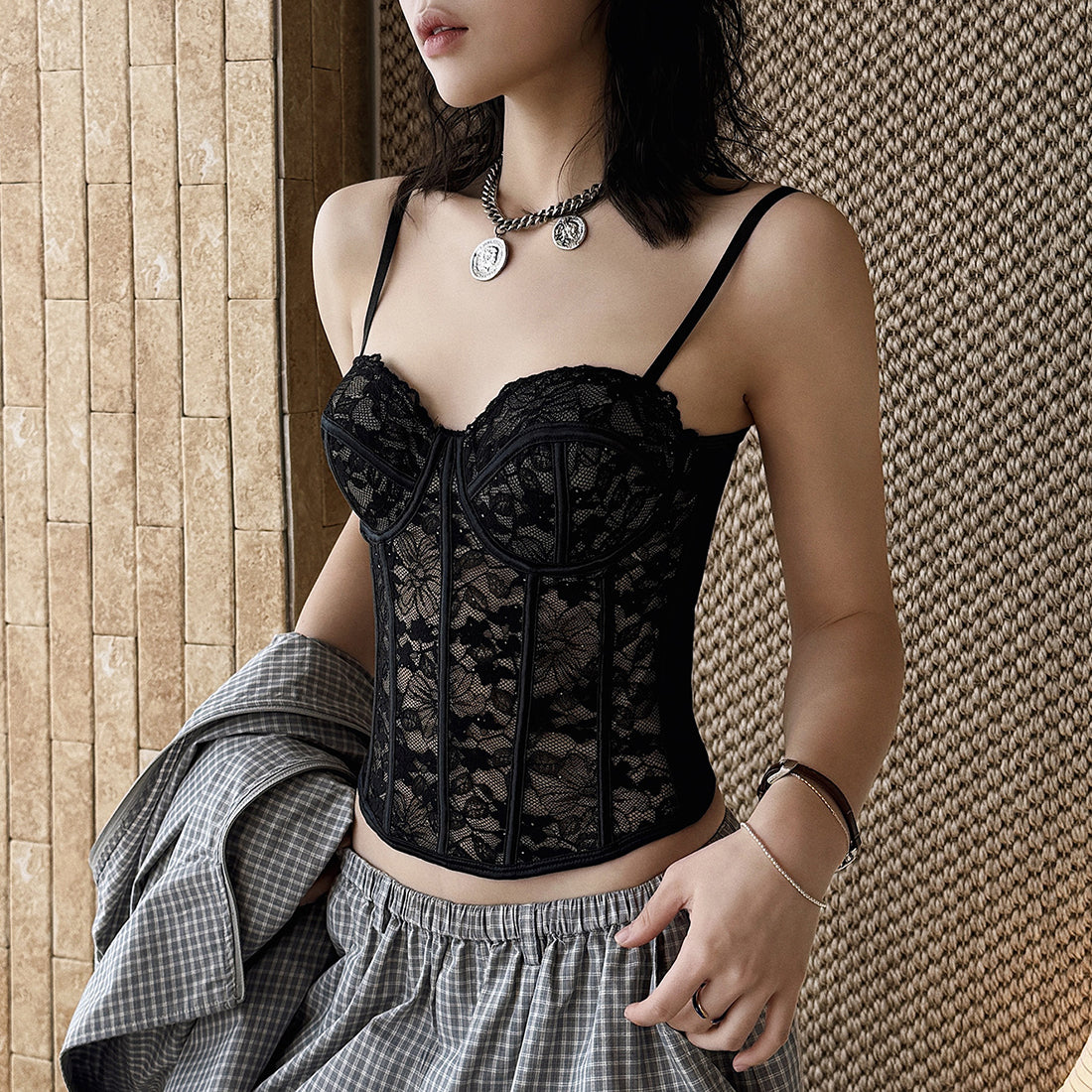 lace corset top bustier slim fit spaghetti strap cropped cami