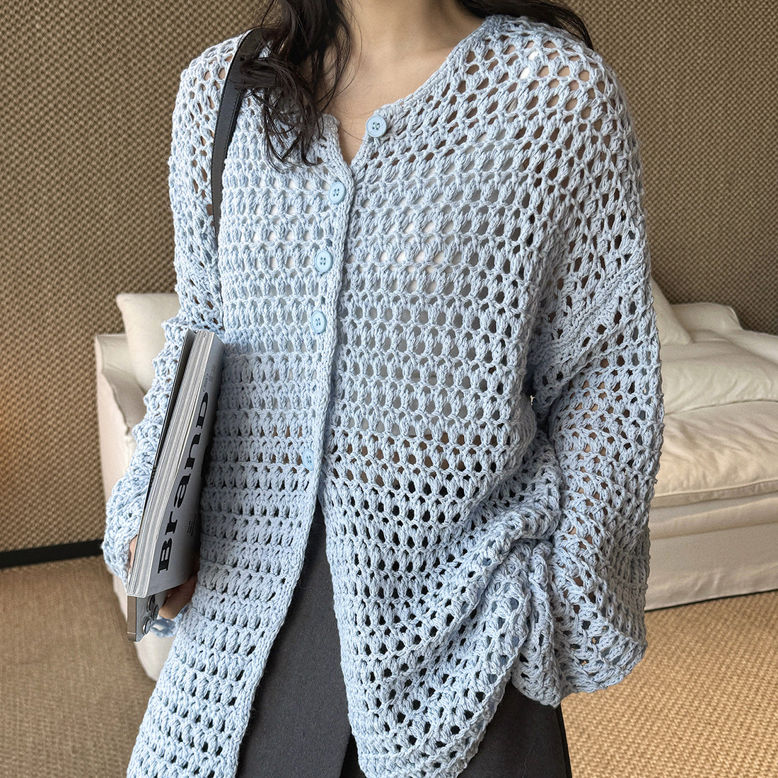 Large mesh hollow knitted cardigan loose top