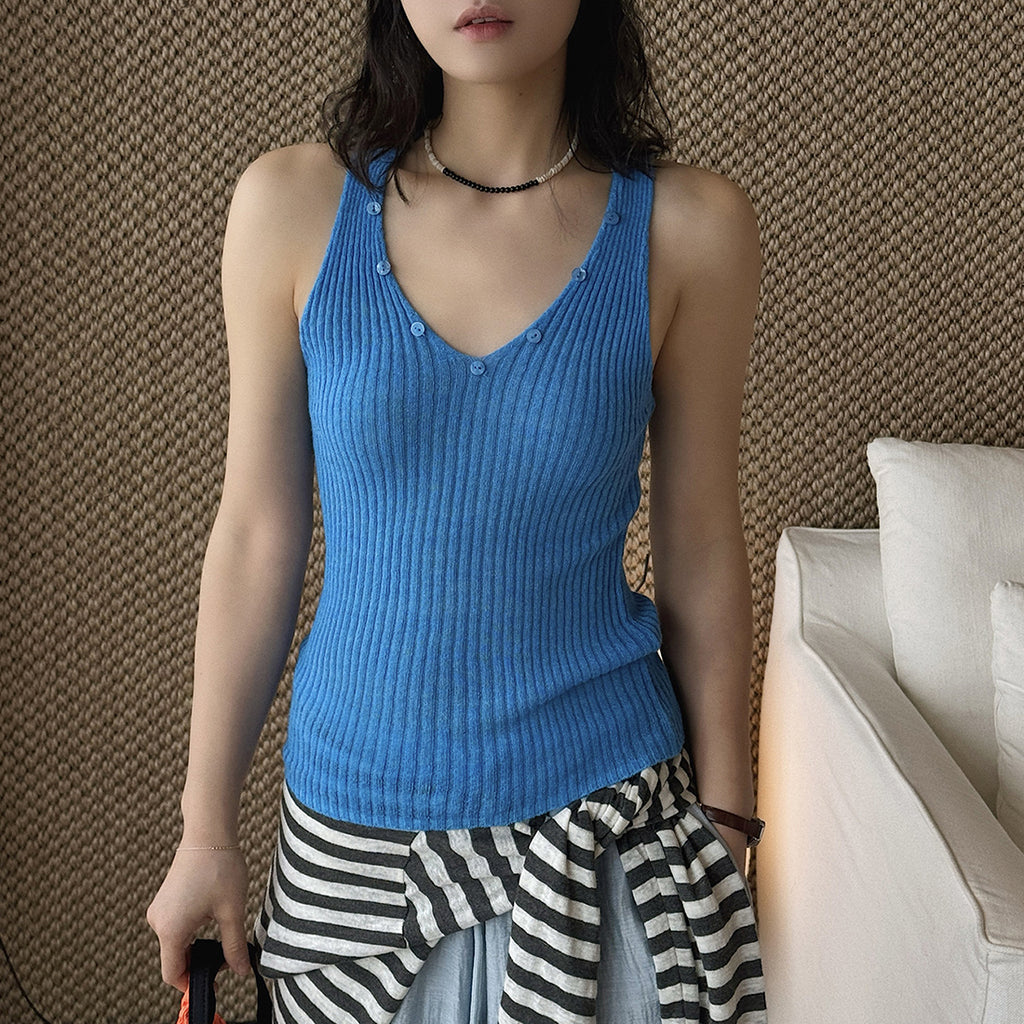 V-Neck Ribbed Knit Tank Top with Button Detail