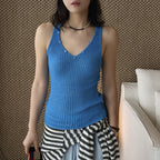 V-Neck Ribbed Knit Tank Top with Button Detail