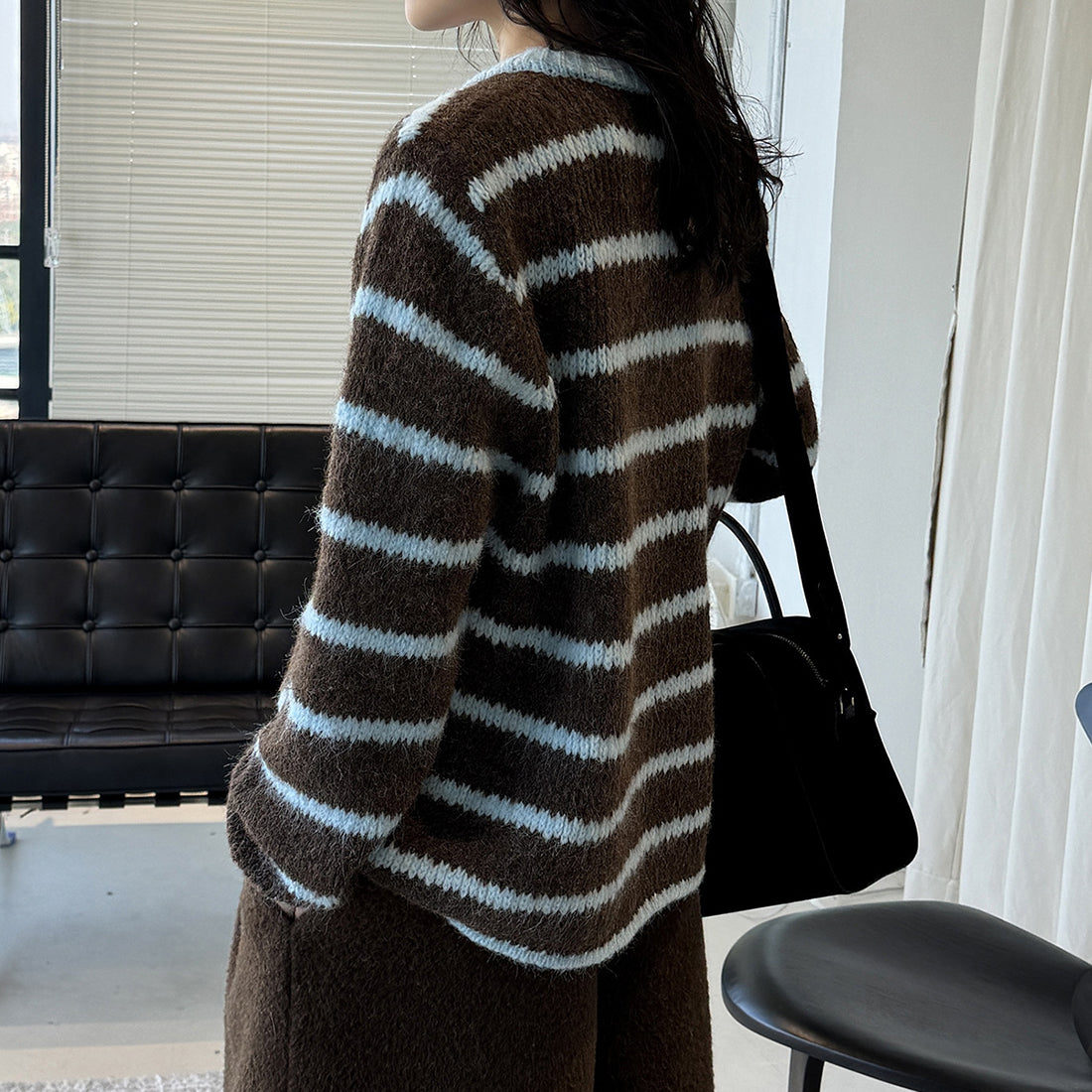 Retro striped horn button plush knitted cardigan top