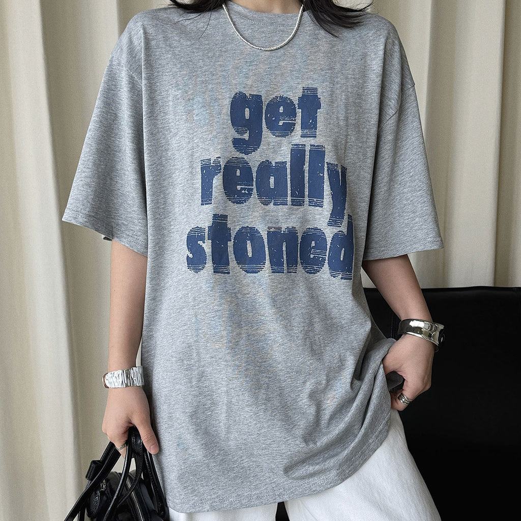 Round neck letter printed shoulder loose T-shirt top