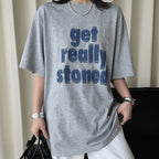 Round neck letter printed shoulder loose T-shirt top