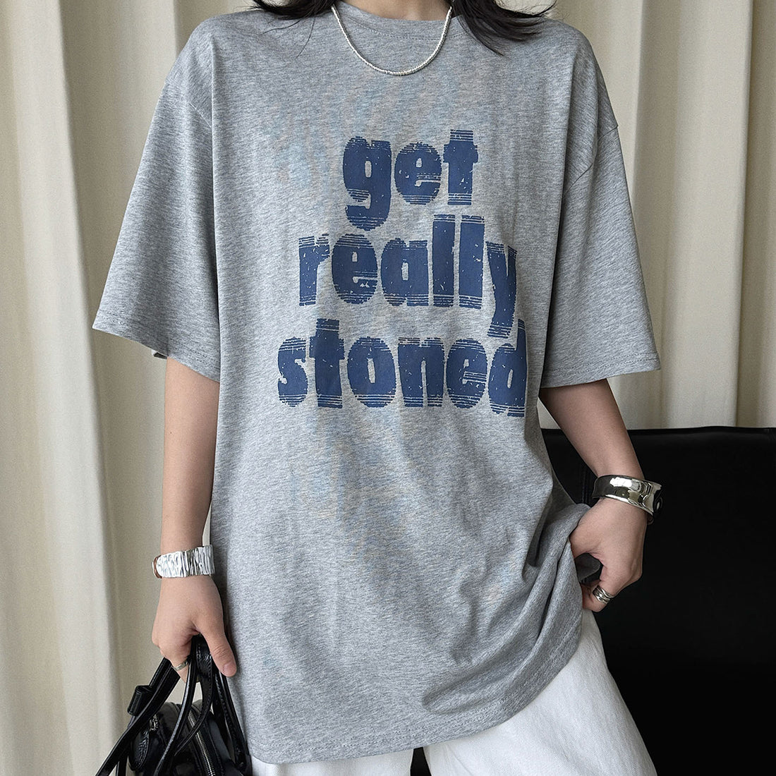 Round neck letter printed shoulder loose T-shirt top