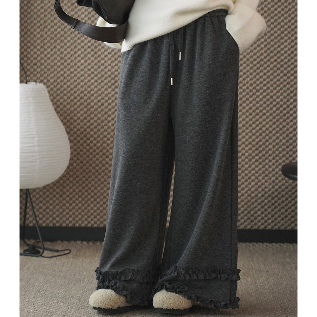 High waisted lotus leaf edge loose wide leg pants