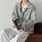 Flip collar knitted lazy V-neck sweater with belt