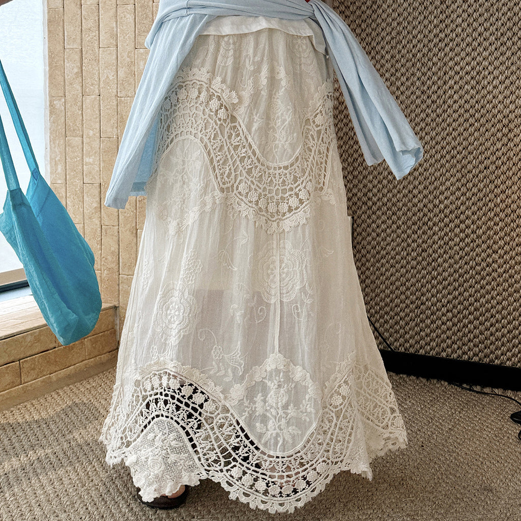 Boho lace embroidered maxi skirt with flowy silhouette and soft lining