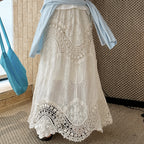 Boho lace embroidered maxi skirt with flowy silhouette and soft lining