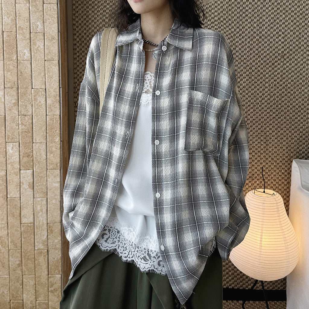 Vintage plaid cotton shirt loose long sleeve casual button down blouse