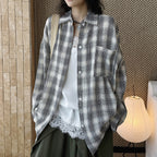 Vintage plaid cotton shirt loose long sleeve casual button down blouse