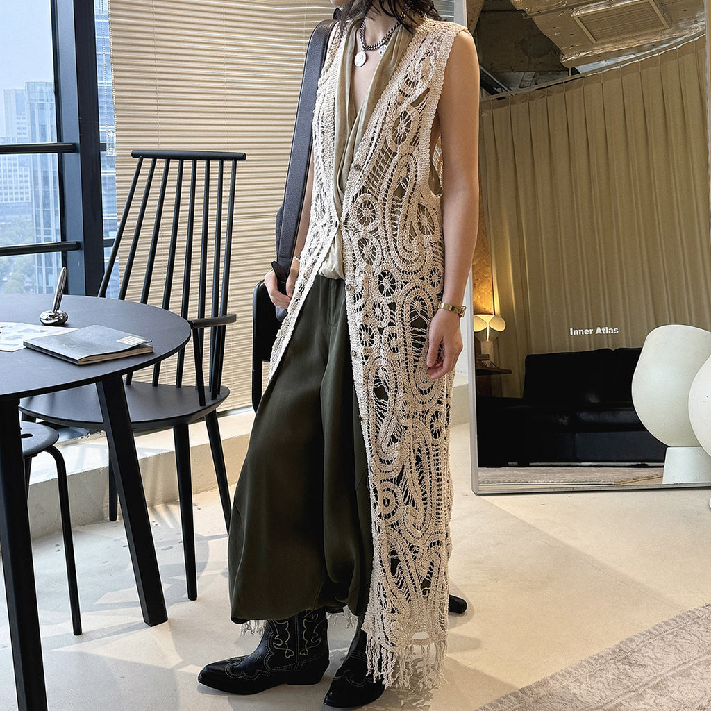 sleeveless long vest lace knit cardigan v neck button down hollow out lightweight layering top