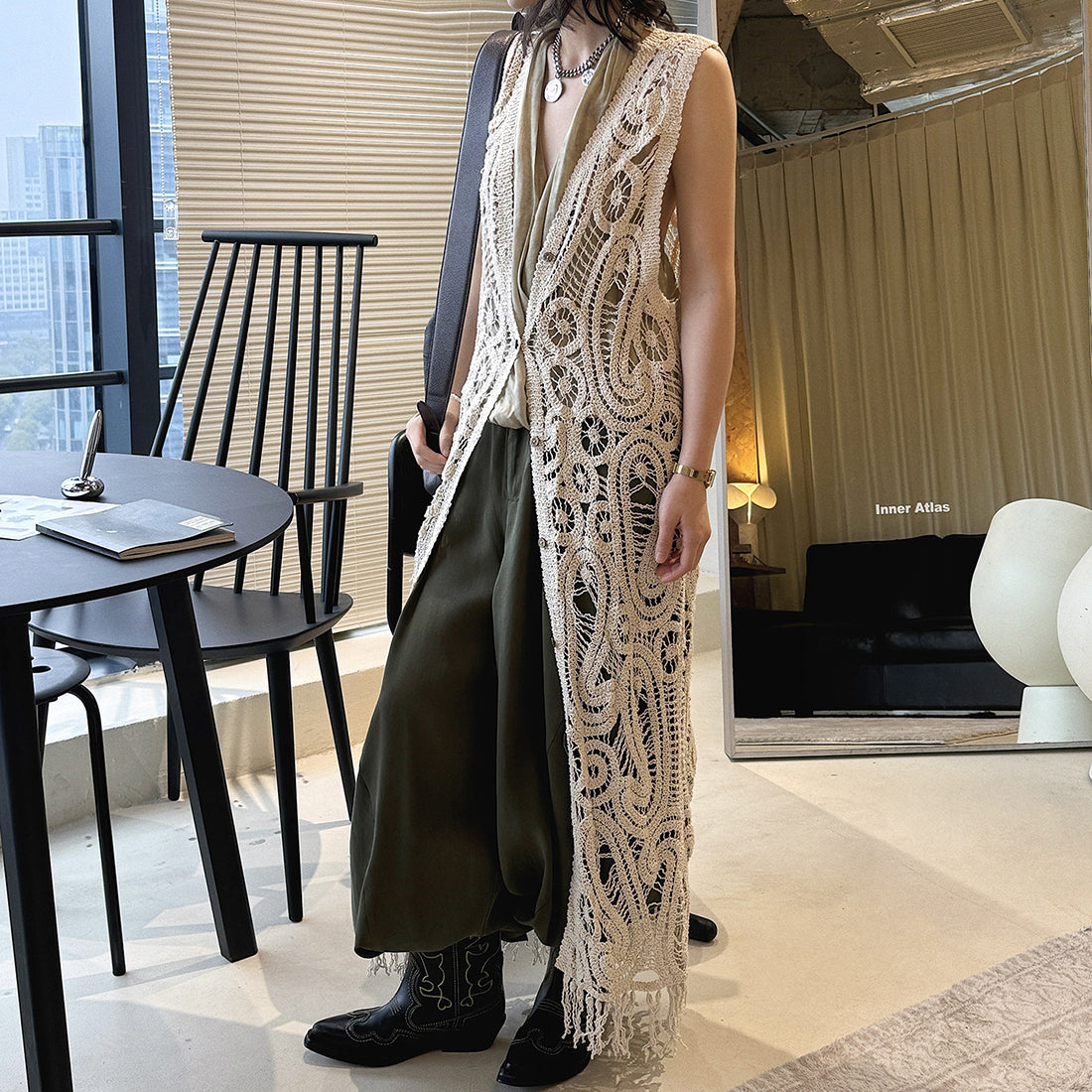 sleeveless long vest lace knit cardigan v neck button down hollow out lightweight layering top
