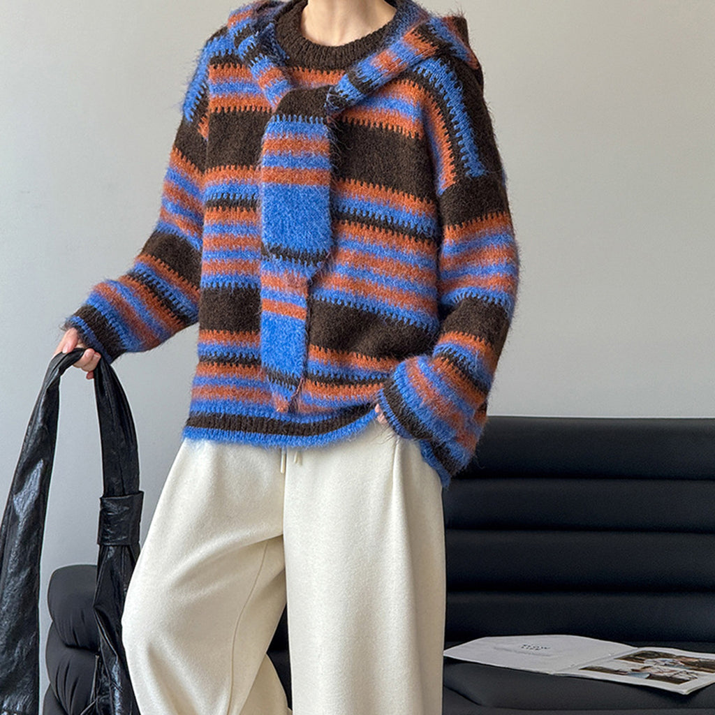 Loose retro contrasting striped sweater with shawl
