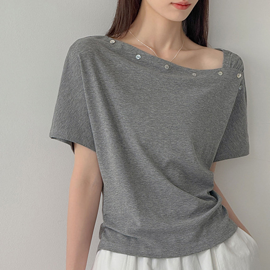 Women’s Asymmetrical Button-Shoulder Short-Sleeve T-Shirt