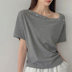 Women’s Asymmetrical Button-Shoulder Short-Sleeve T-Shirt