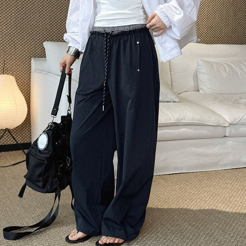 Grid waistband elastic drawstring loose casual ankle pants