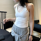 Halter Neck Fitted Tank Top with Buckle Strap Detail