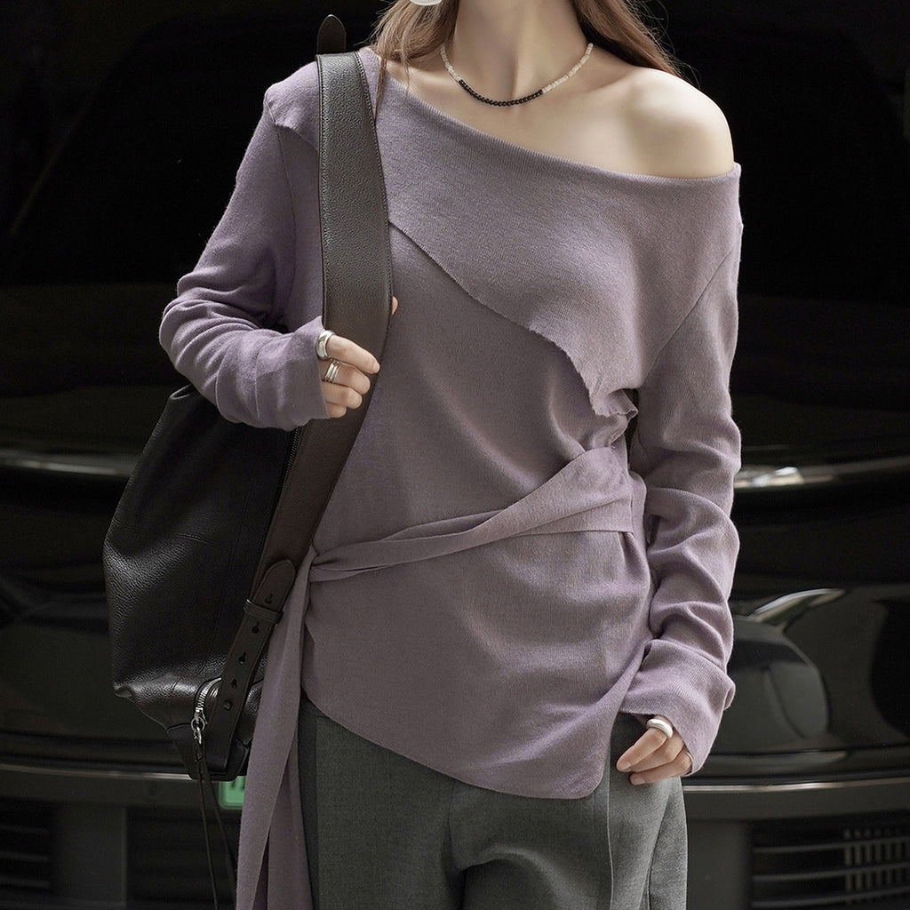Slanted shoulder irregular strap spliced sweater top