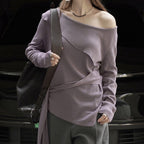Slanted shoulder irregular strap spliced sweater top